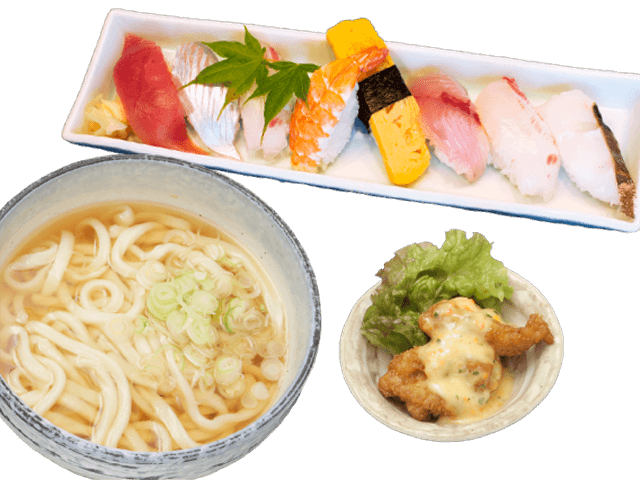 握り寿司8貫とチキン南蛮 うどんセット お食事処ながとも